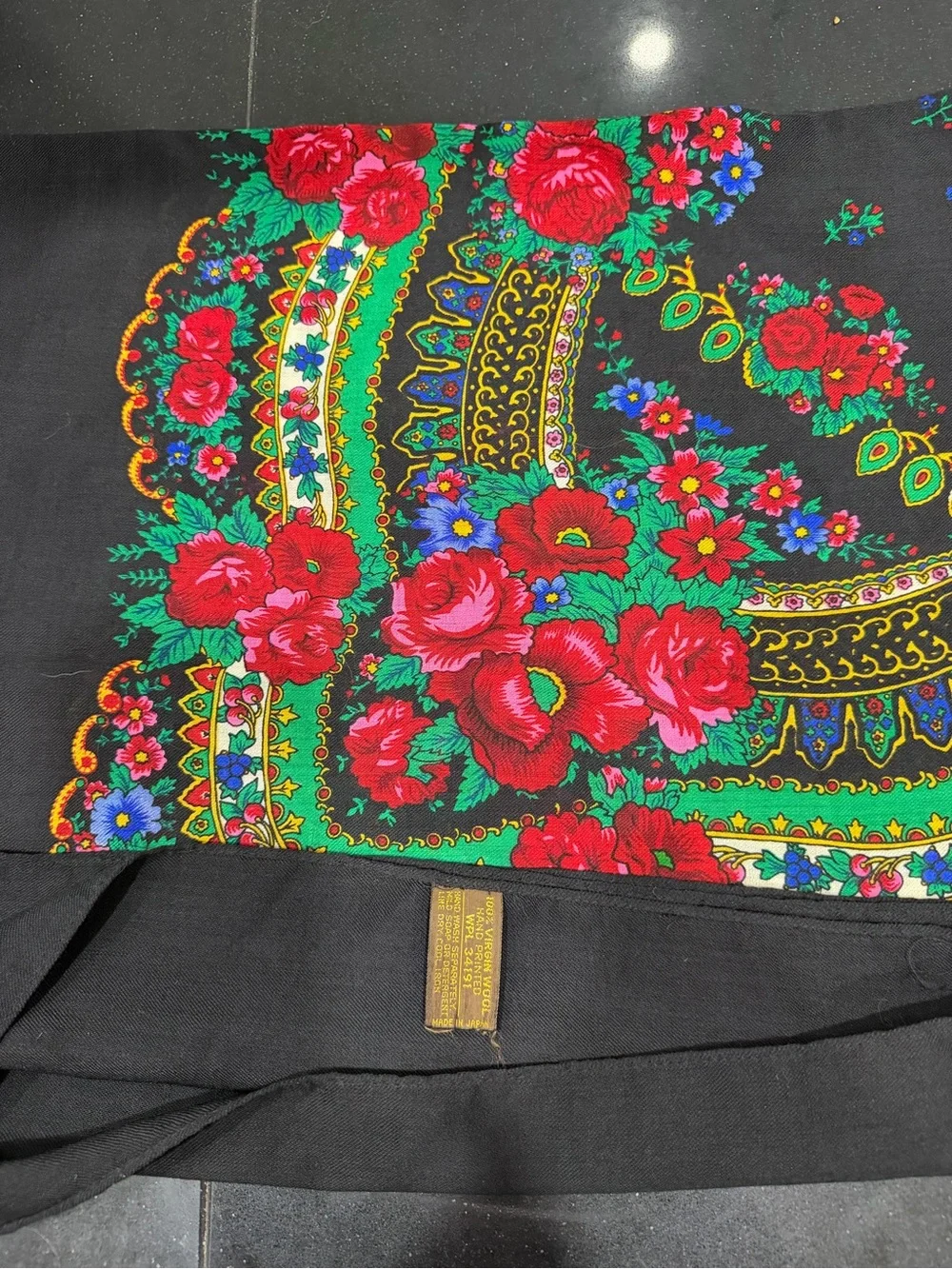 Japanese wool vintage Vibrant Floral Black Scarf with Red & Green Accents